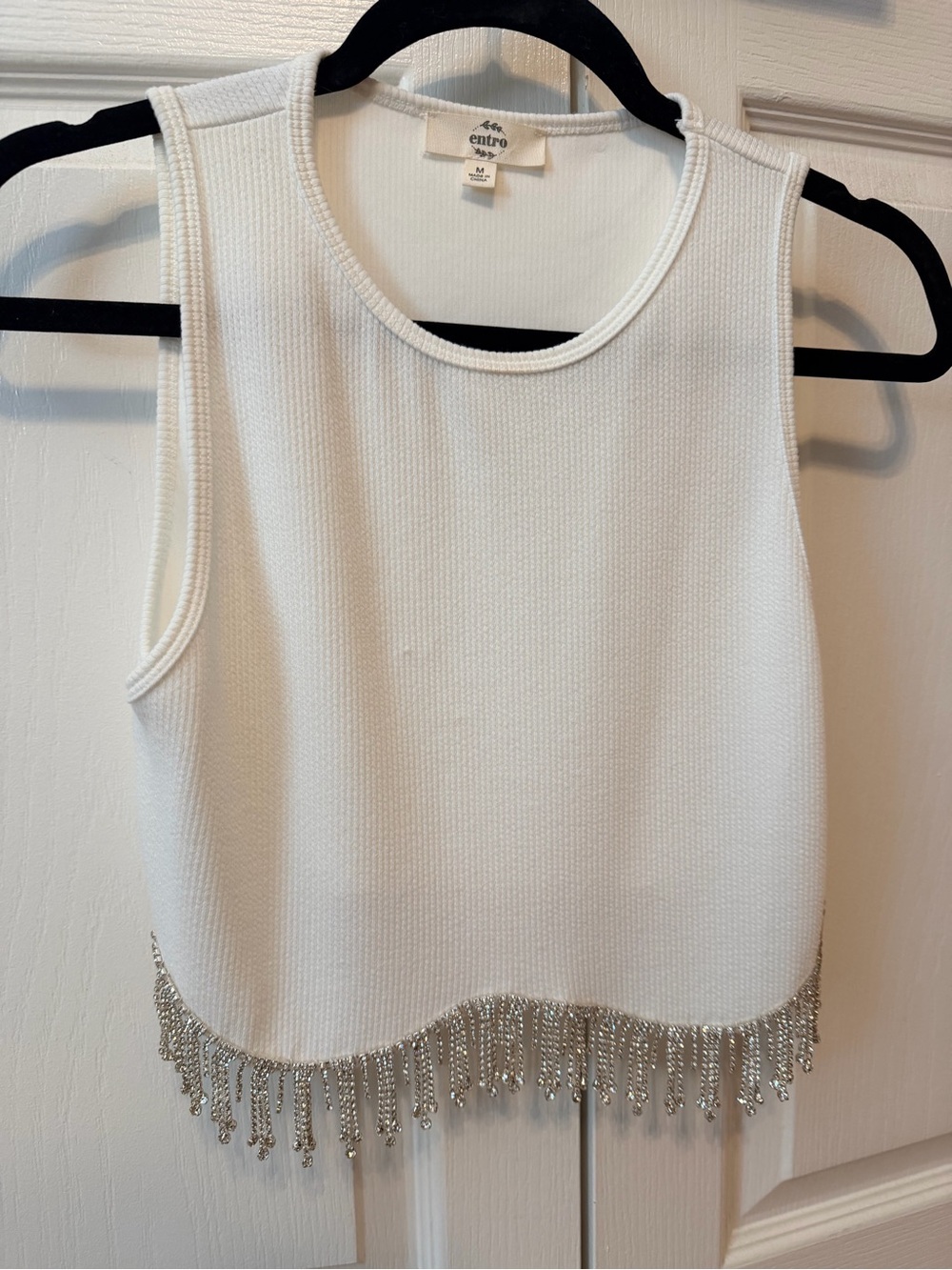 entro White Tank Top with Silver Beaded Fringe